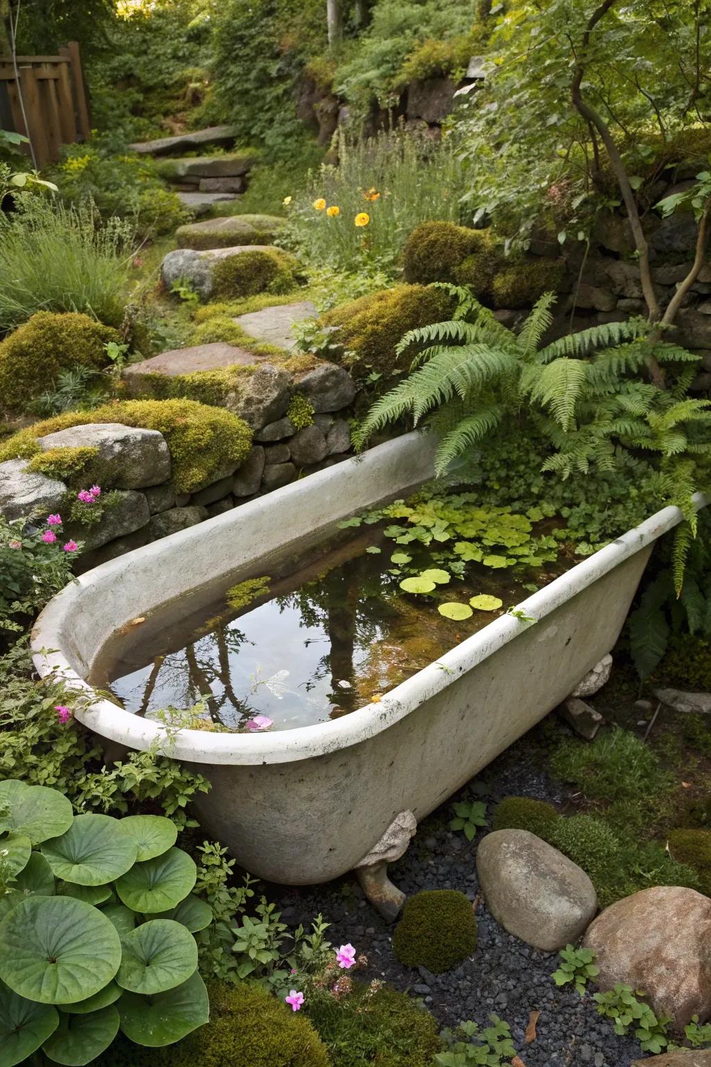 An old tub repurposed as a pond delivers distinct charm to the garden.