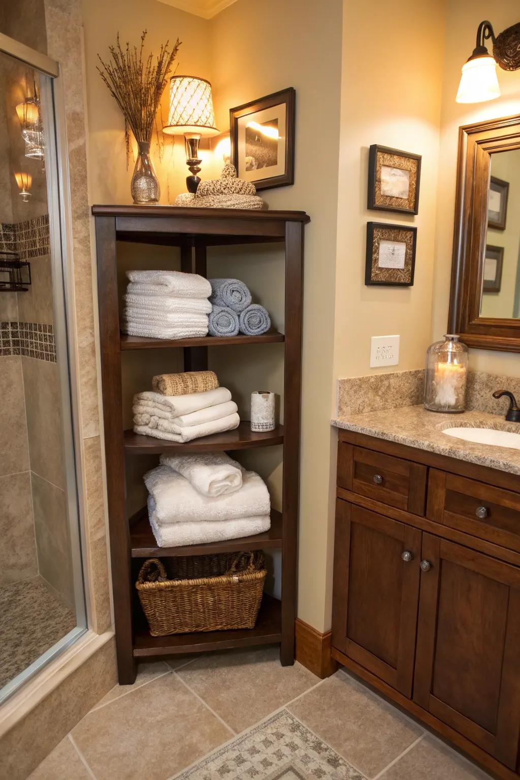 Corner shelving makes use of every inch of bathroom space.