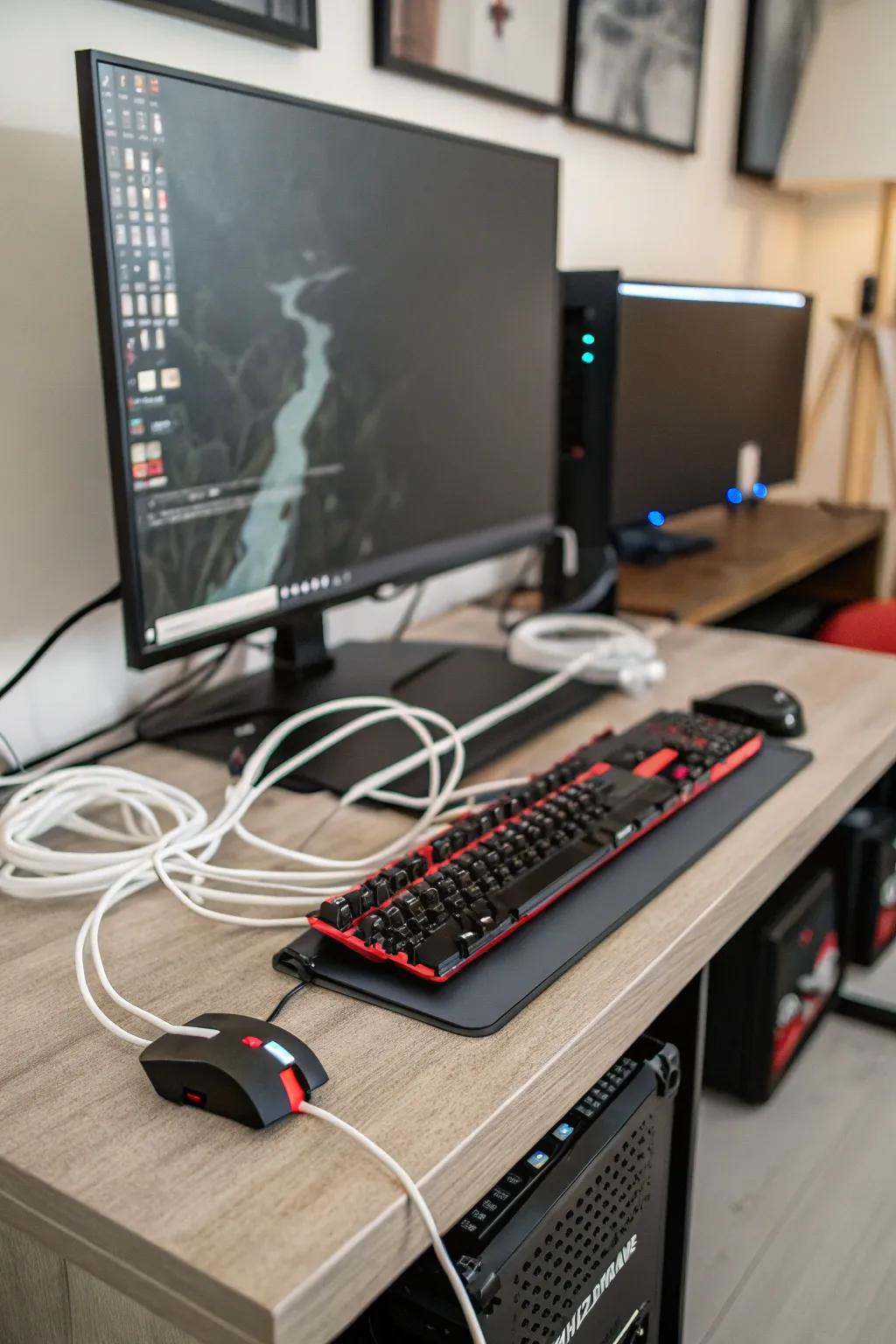 Efficient wire management leads to a cleaner, more organized gaming setup.