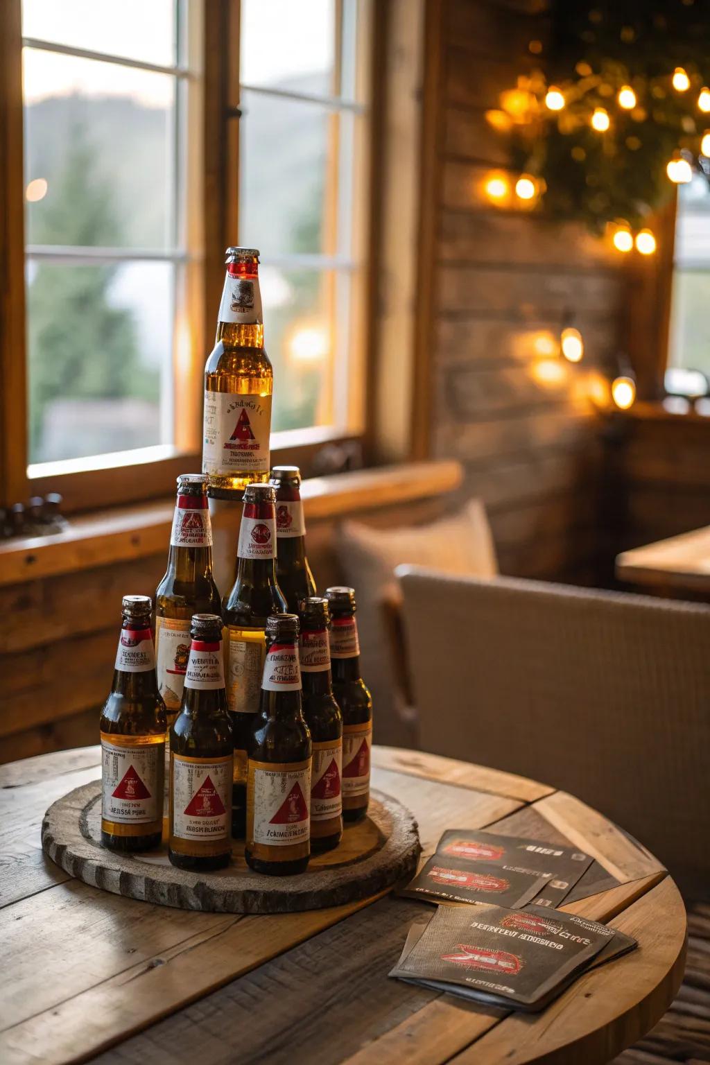 Triangular-stacked brew display creating visual curiosity.
