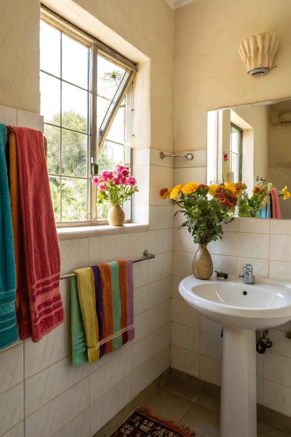 A beige bathroom enlivened with colorful accents.