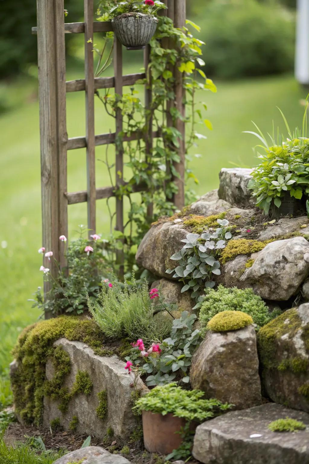 Upright greenery enriches this corner rockery.