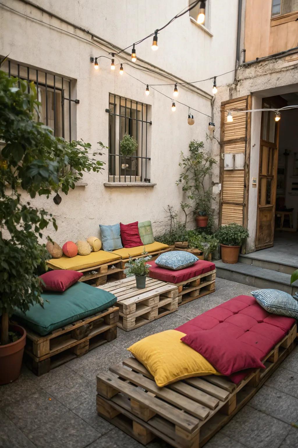 Platform furniture is a cost-effective means to furnish a courtyard.