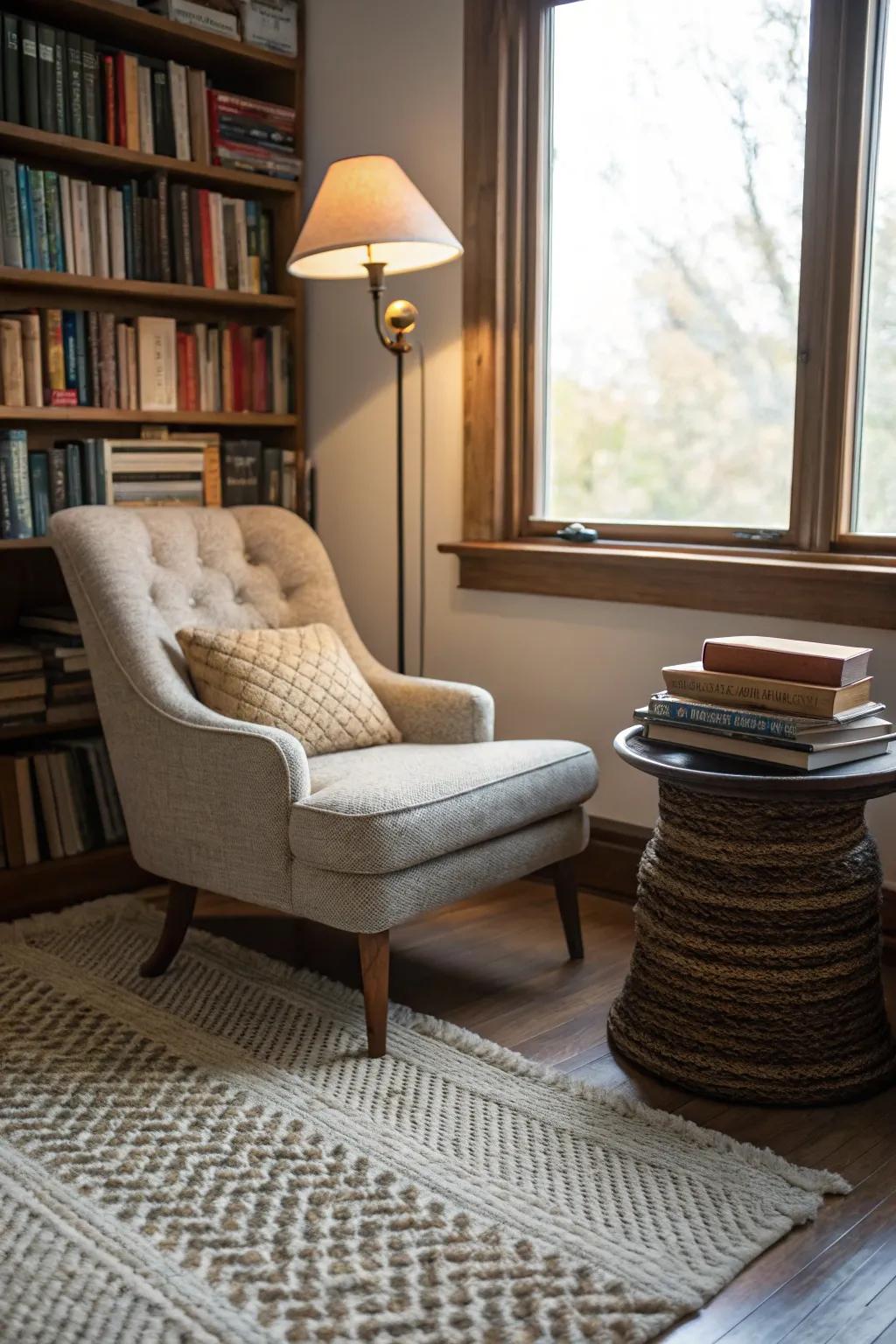 Textured floor coverings introduce warmth and aesthetic to your library.