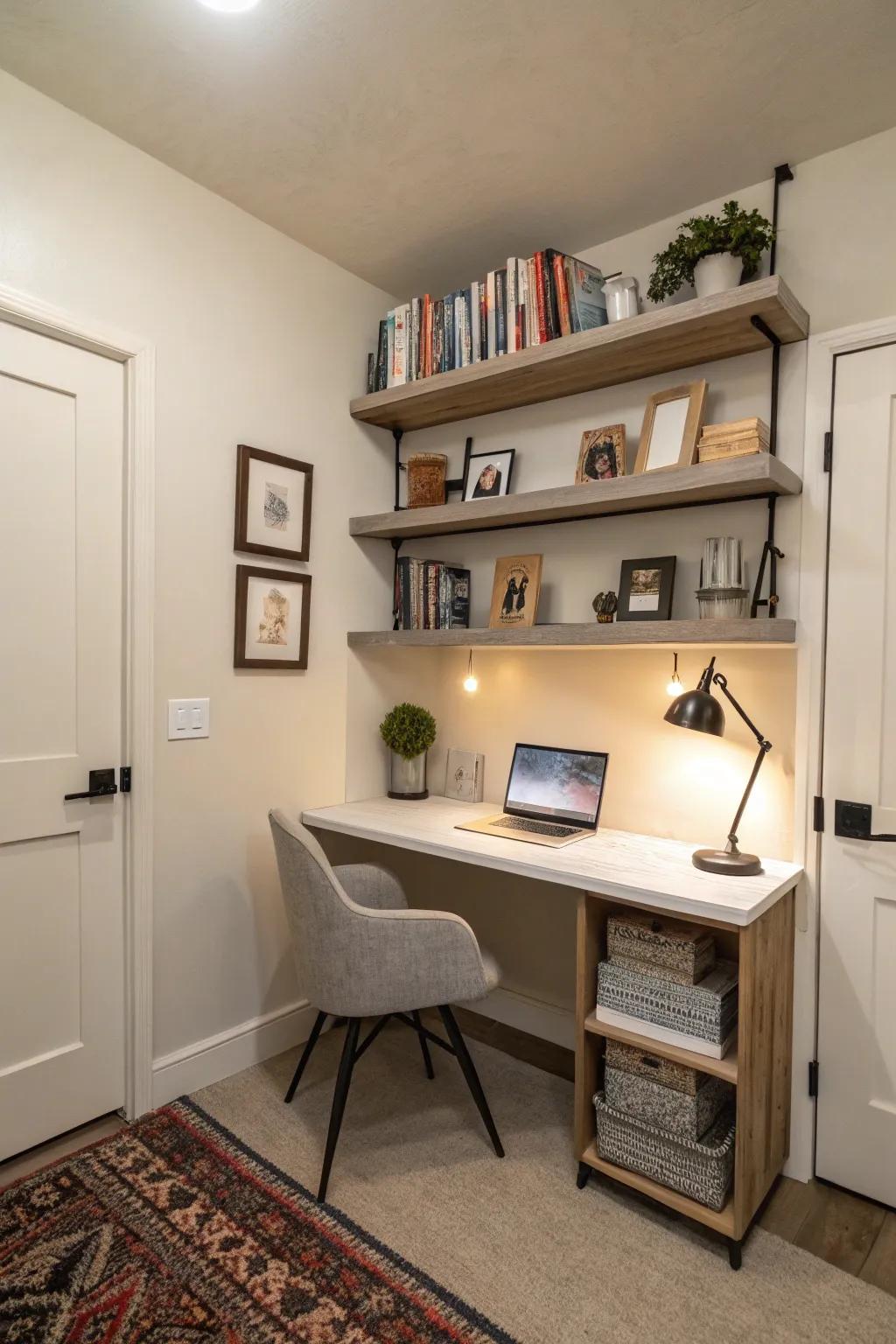 Floating furniture frees up floor space in a hideout.