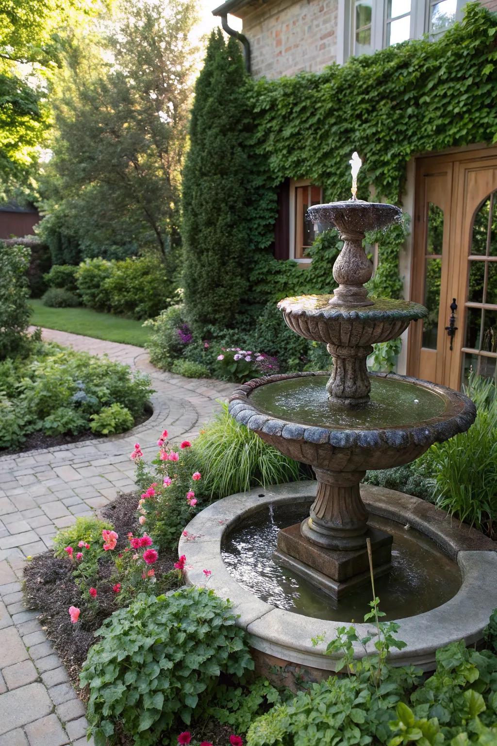 A garden creation water feature contributes inventive flair.
