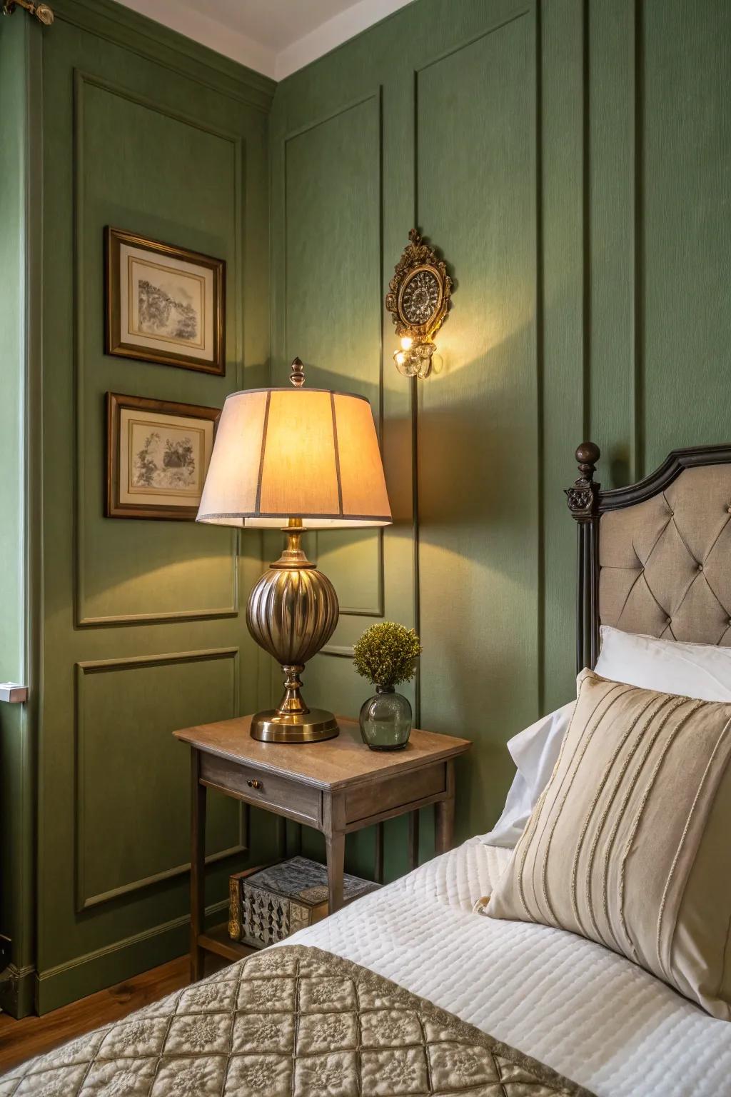 Olive green and vintage elements increase timeless charm.