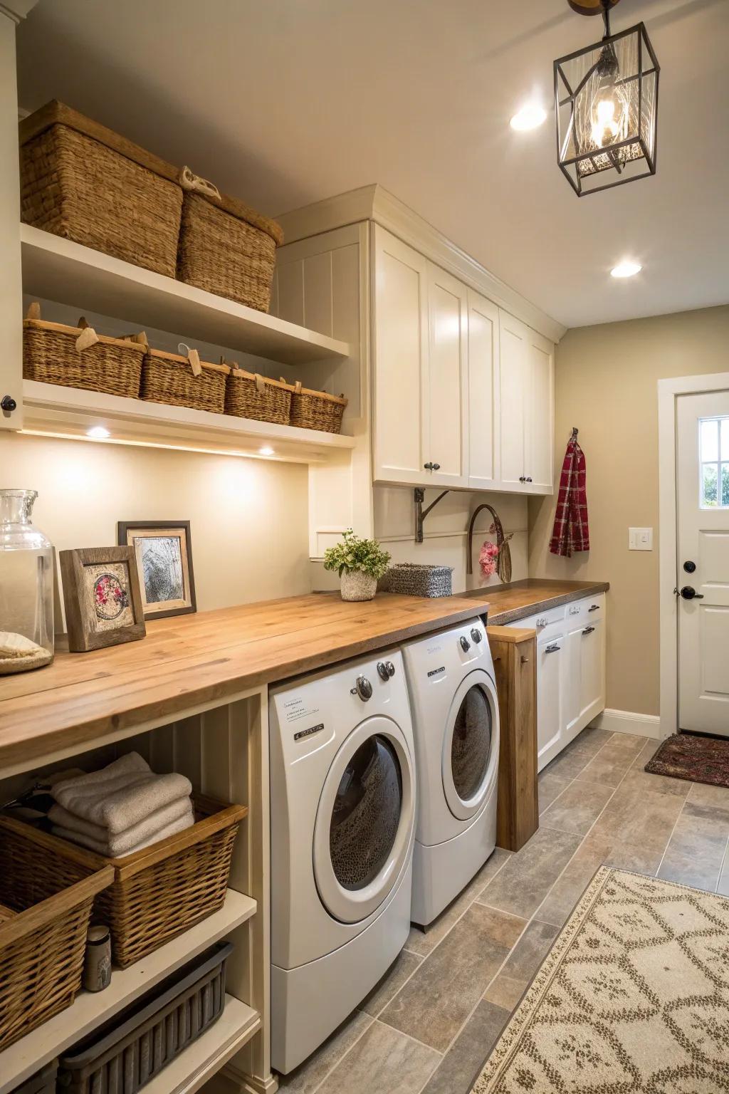 Incorporate warmth using durable butcher block countertops.