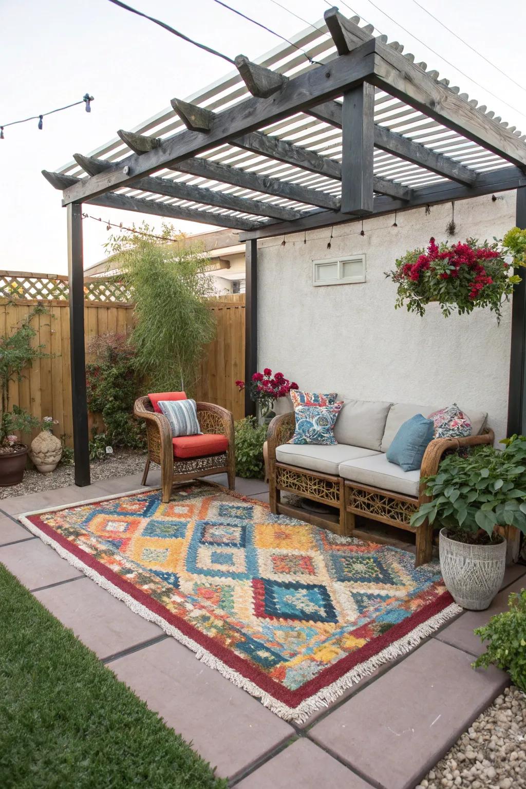 An alfresco carpet ushers in pigment and comfort underneath a small framework.