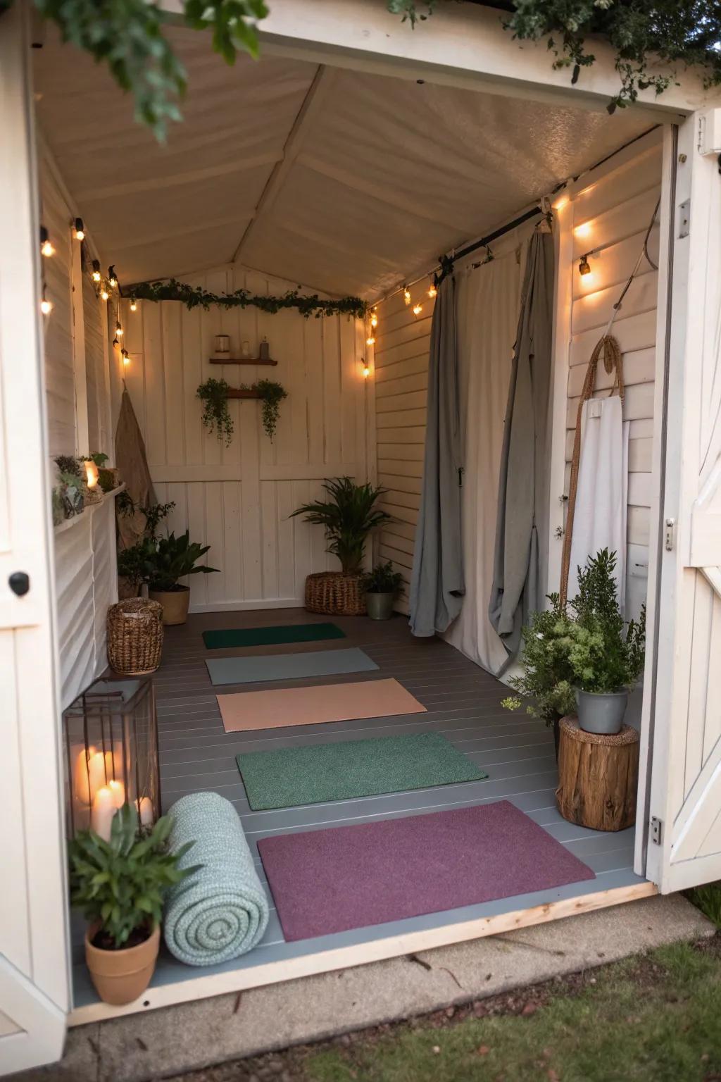 A serene yoga spot within a small shed.