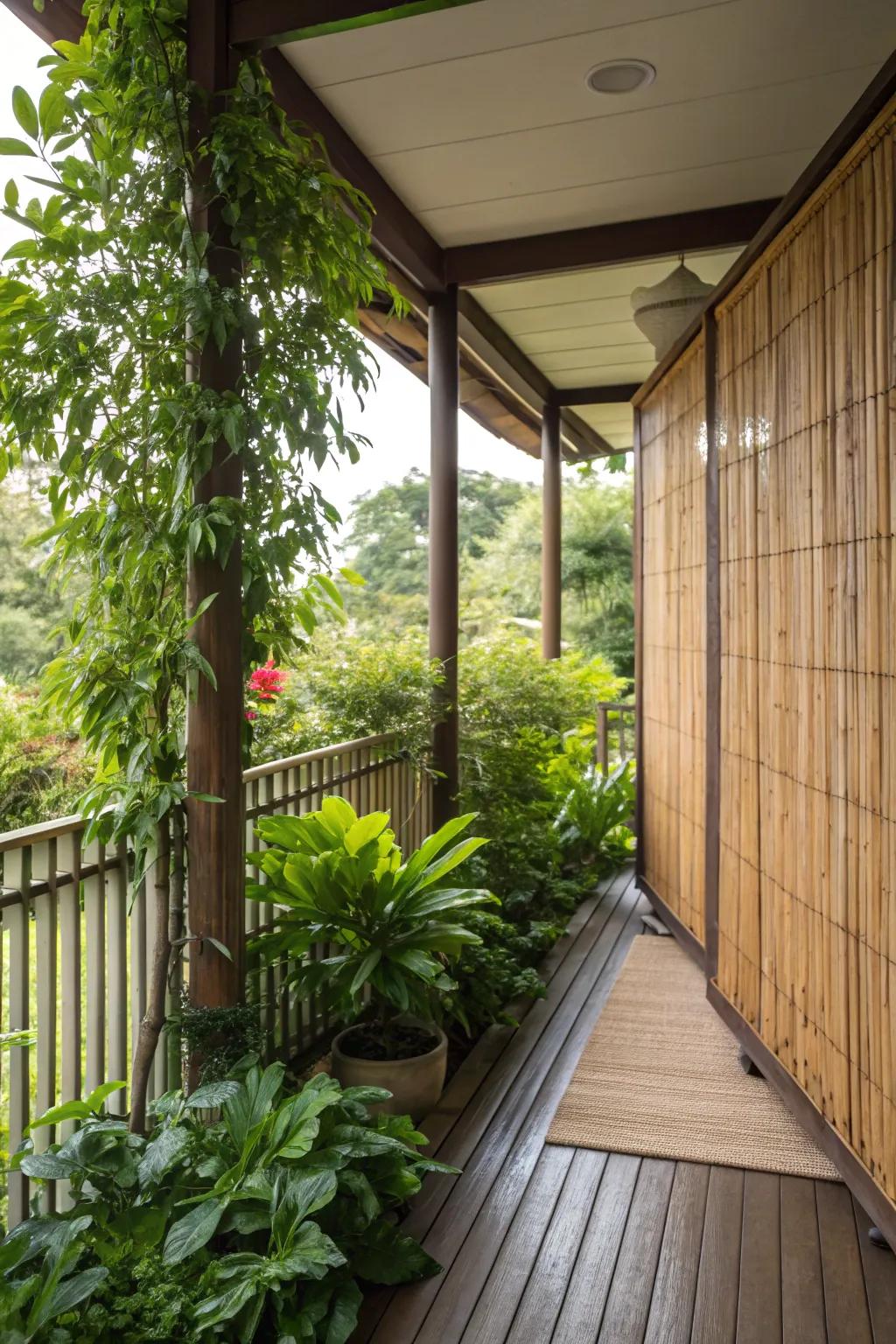 A side porch with a bamboo privacy screen and lush greenery.