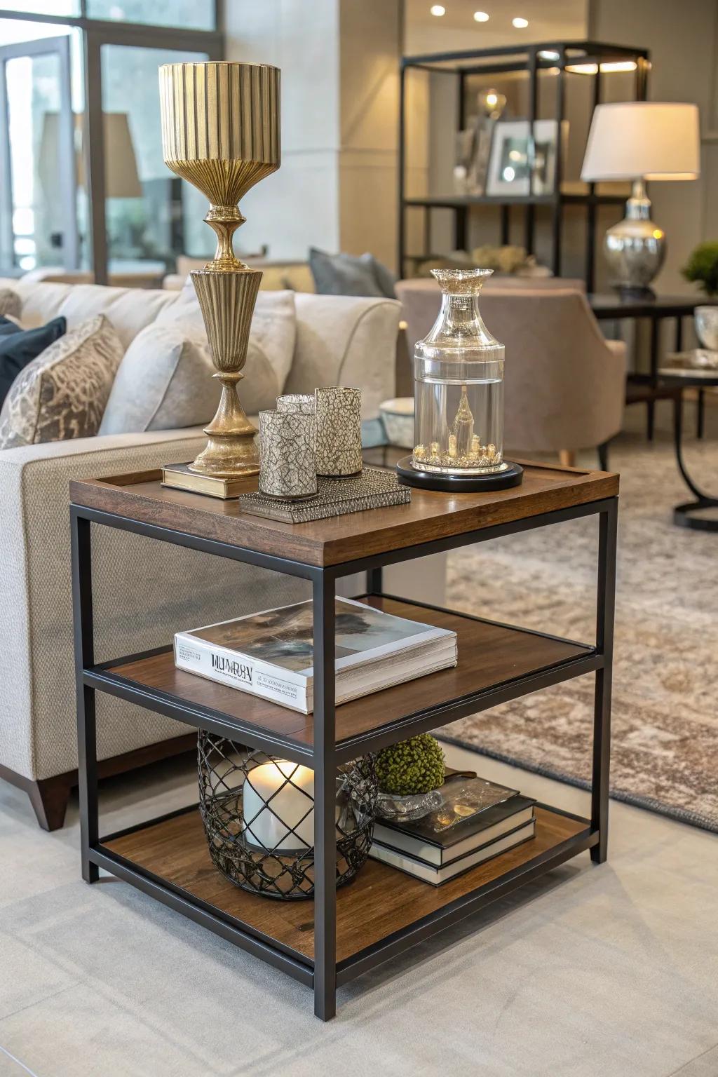 Combined elements enrich the texture and attraction of a side table.