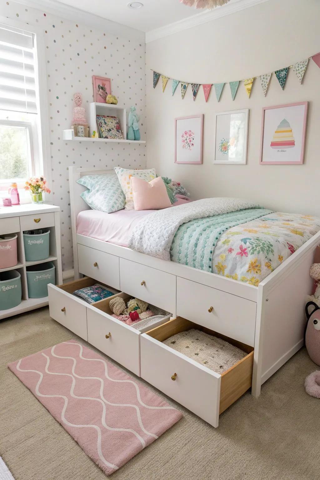 Concealed storage keeps the area tidy and spacious.