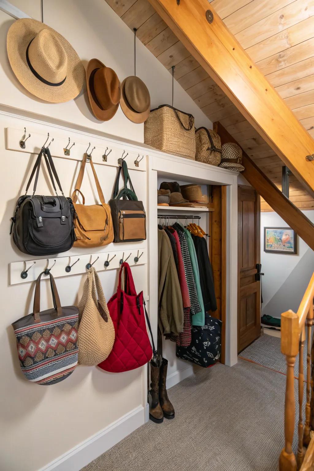 Wall hooks keep accessories organized and always within reach.