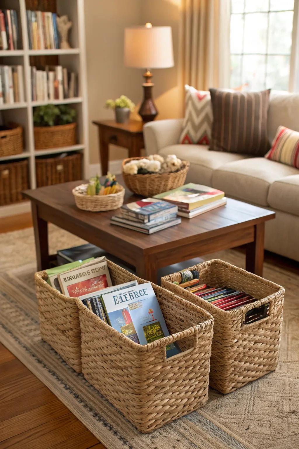 Ornamental baskets in a living area add fashionable storage.