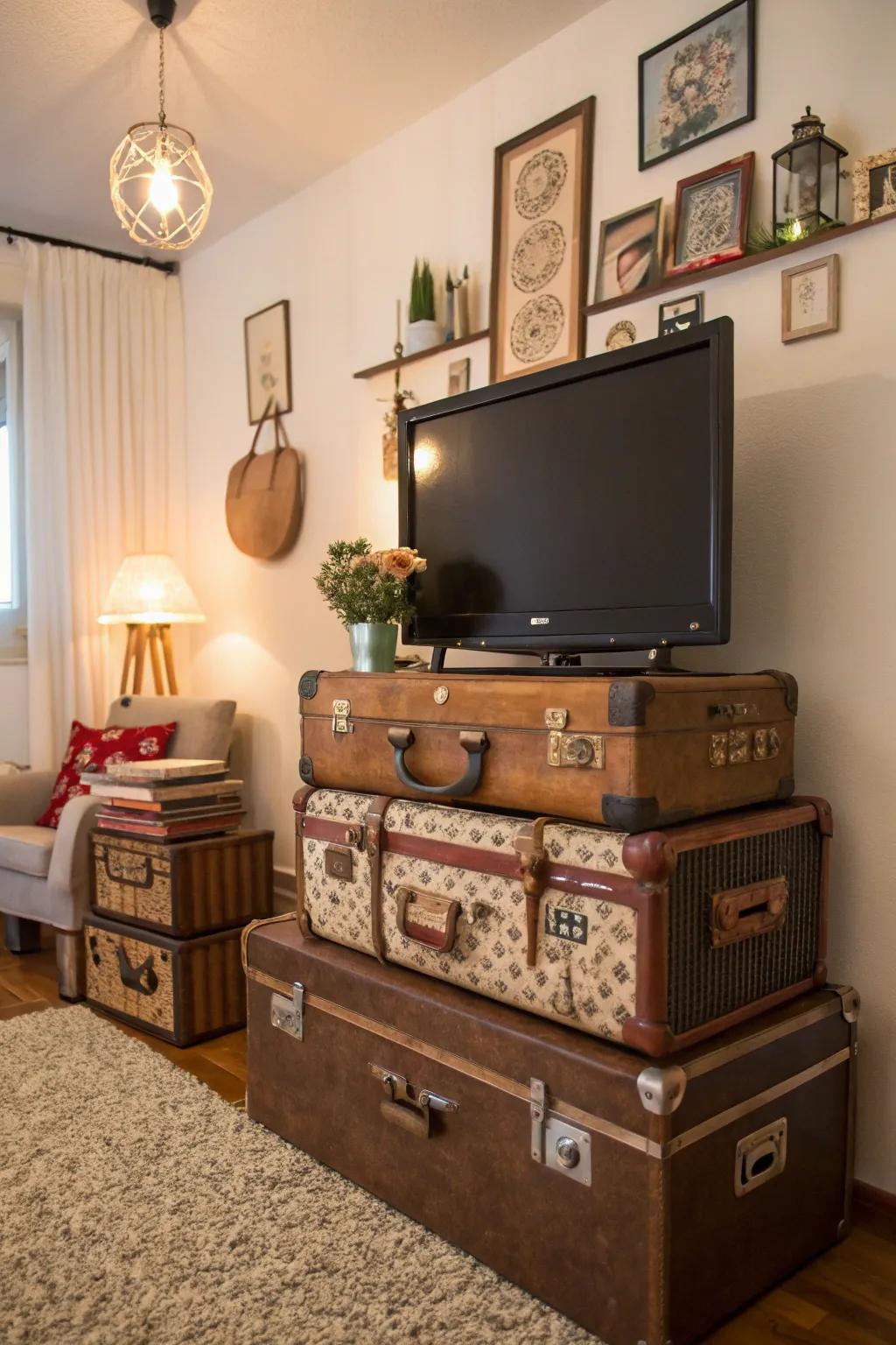 Classic suitcases add charm alongside useful storage.