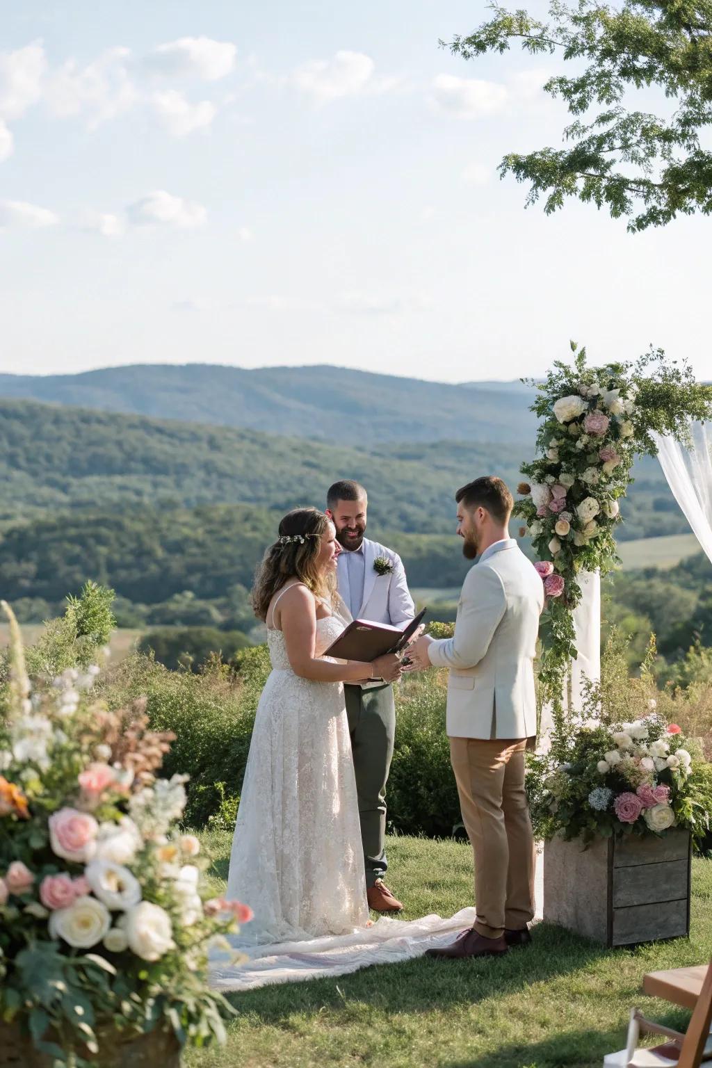 A stunning natural backdrop enhancing the elegance of a home wedding.