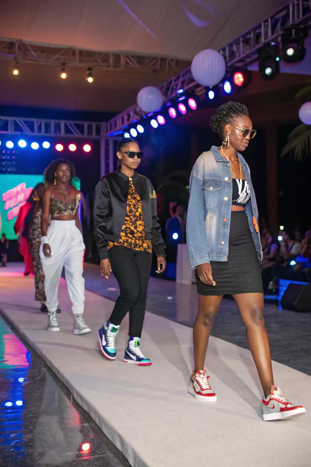 Guests showing off their unique footwear styles in a fashion event.
