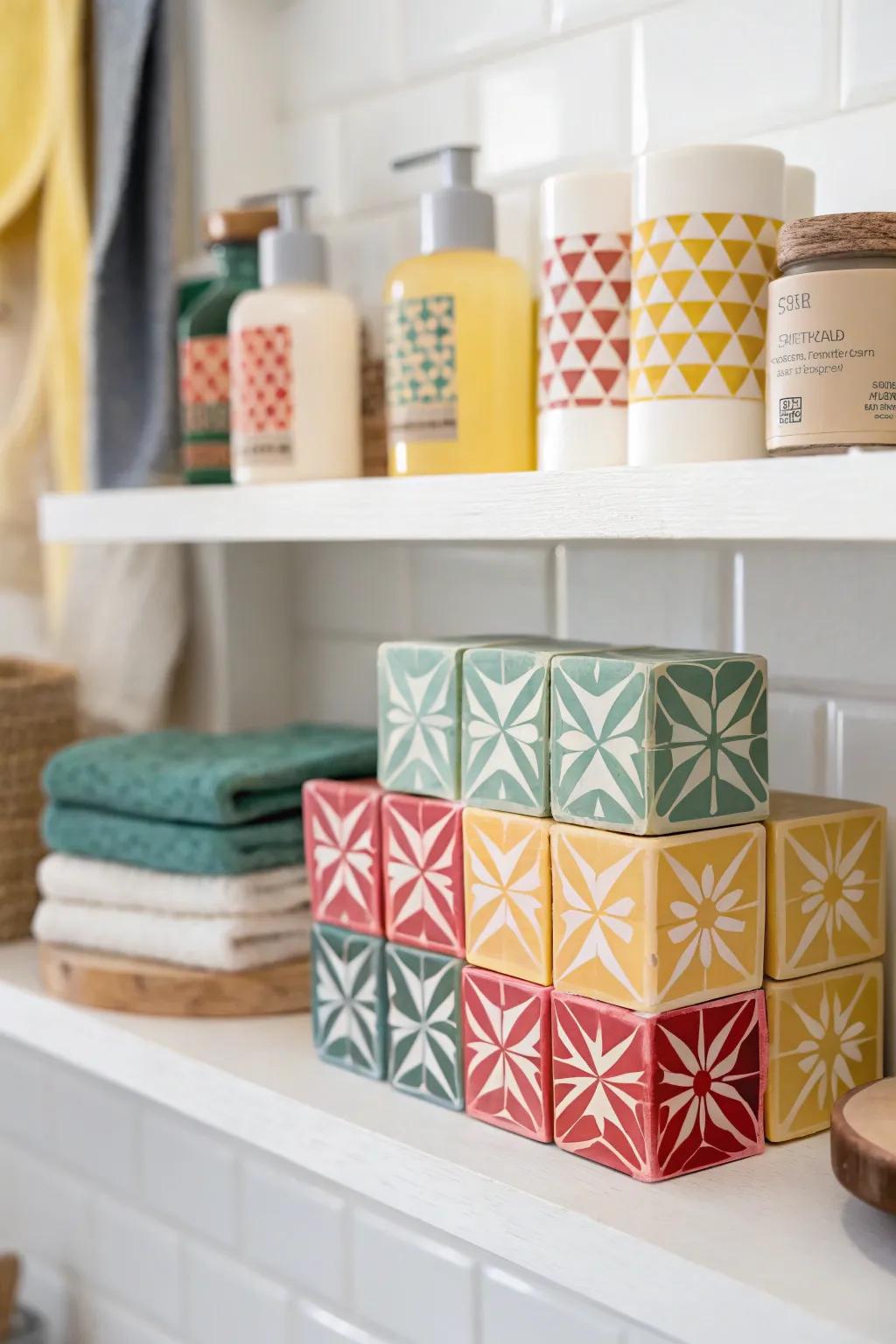Modern bath bars with striking geometric patterns.