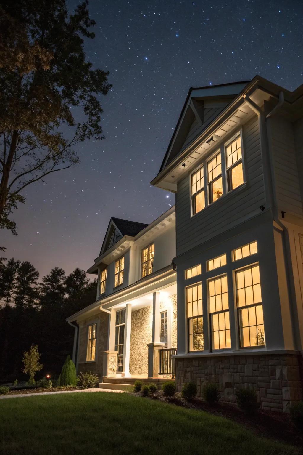 Delicate soffit illumination elegantly highlights a home's windows at night.