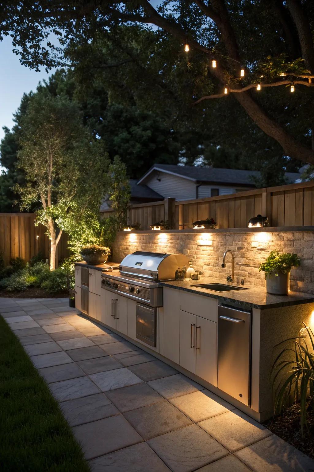Sunlight below-counter lighting enhances outdoor kitchen functionality.
