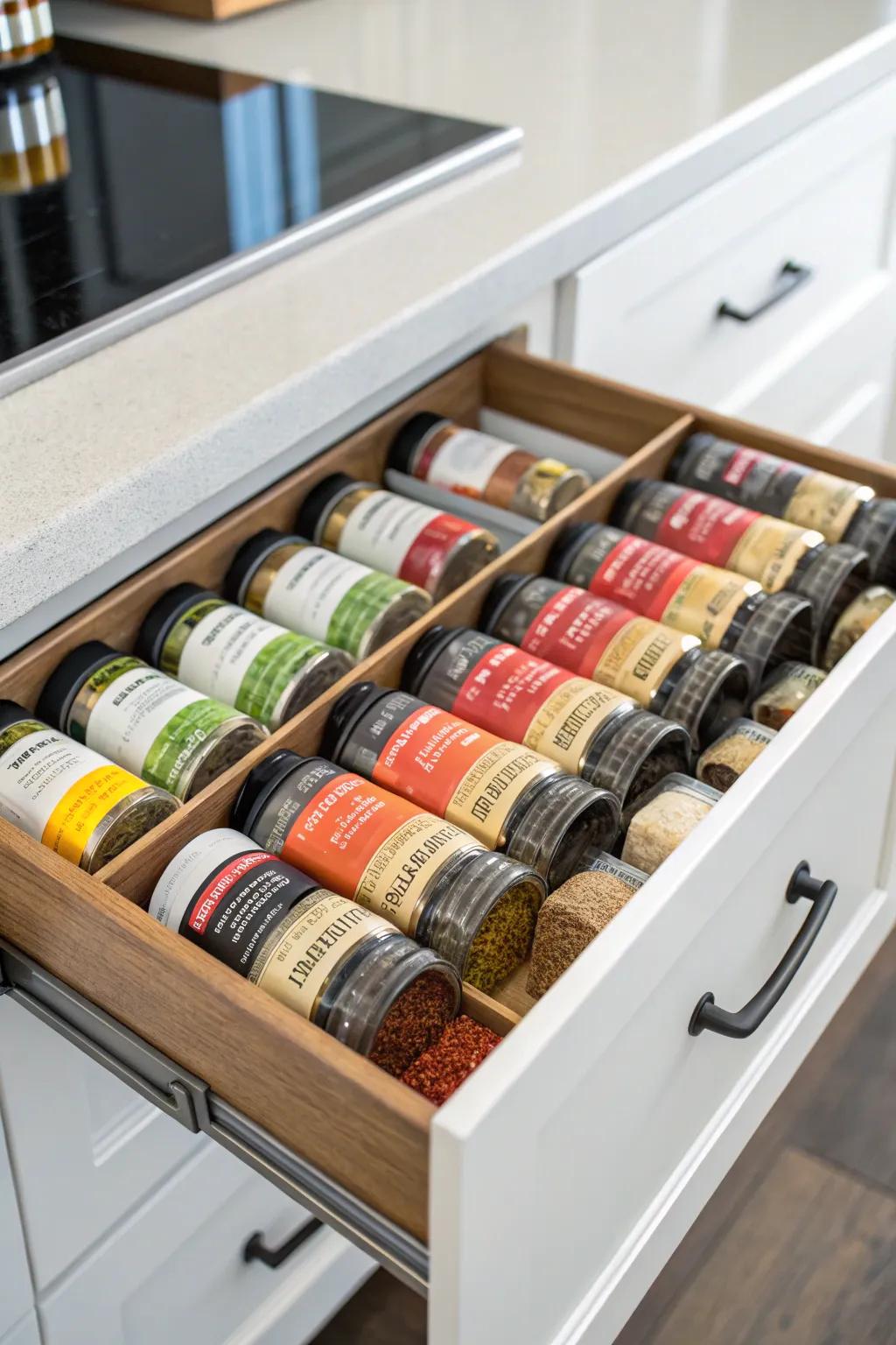 Drawer dividers generate a dedicated spice zone.