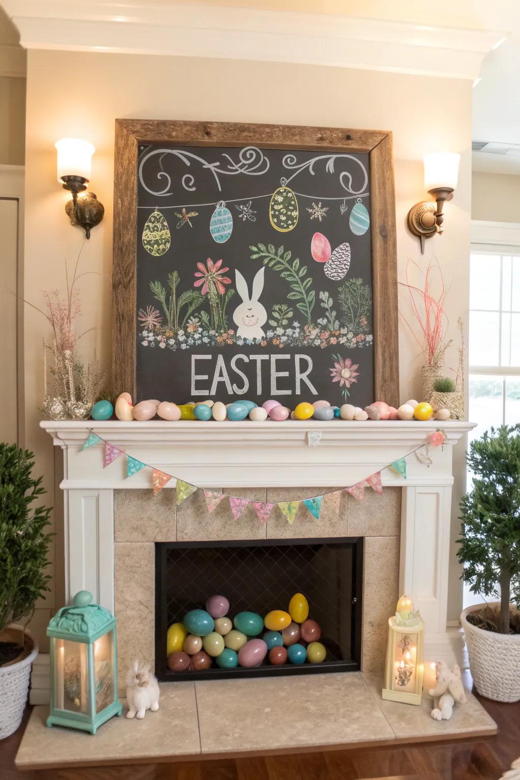 A blackboard provides flexibility and appeal to the mantel.