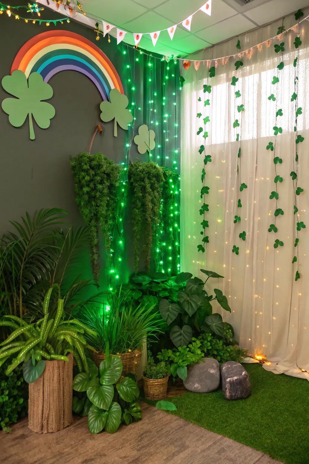 A magical scene with foliage and twinkling lights.