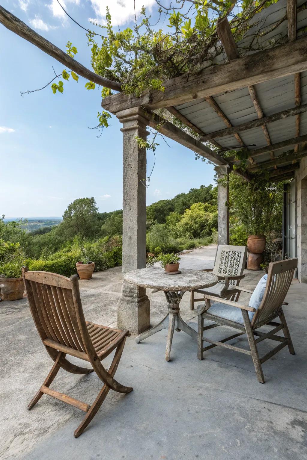 A countryside patio featuring weathered gray concrete tints.