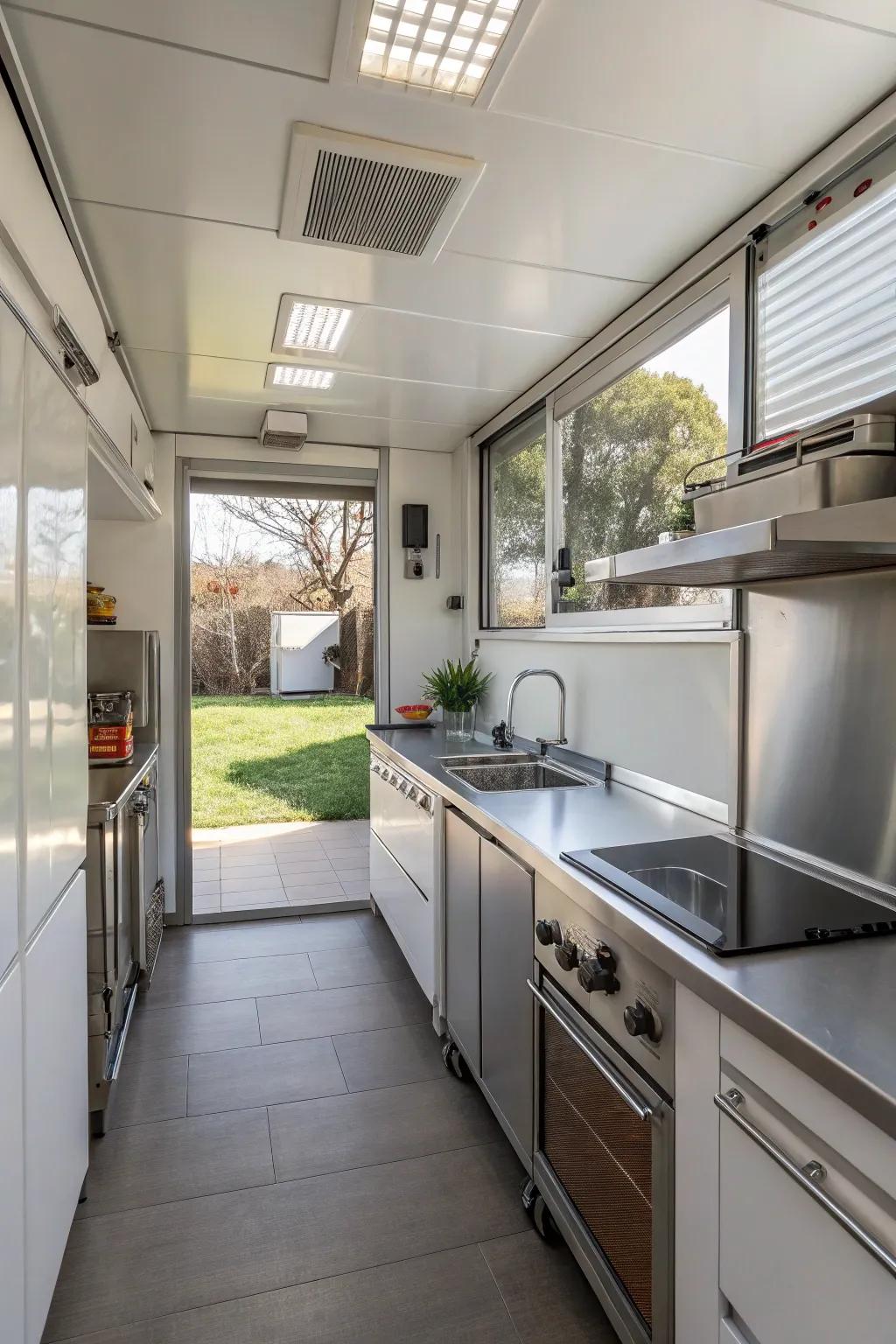 Steel enhances light and space in compact cooking spaces.