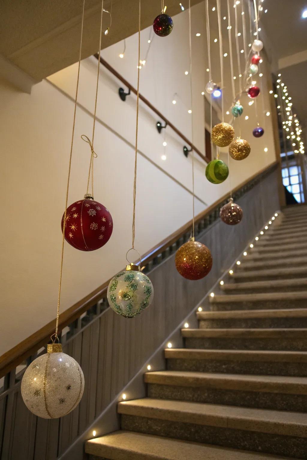 Hovering ornaments establish an unexpected surprise above the staircase.
