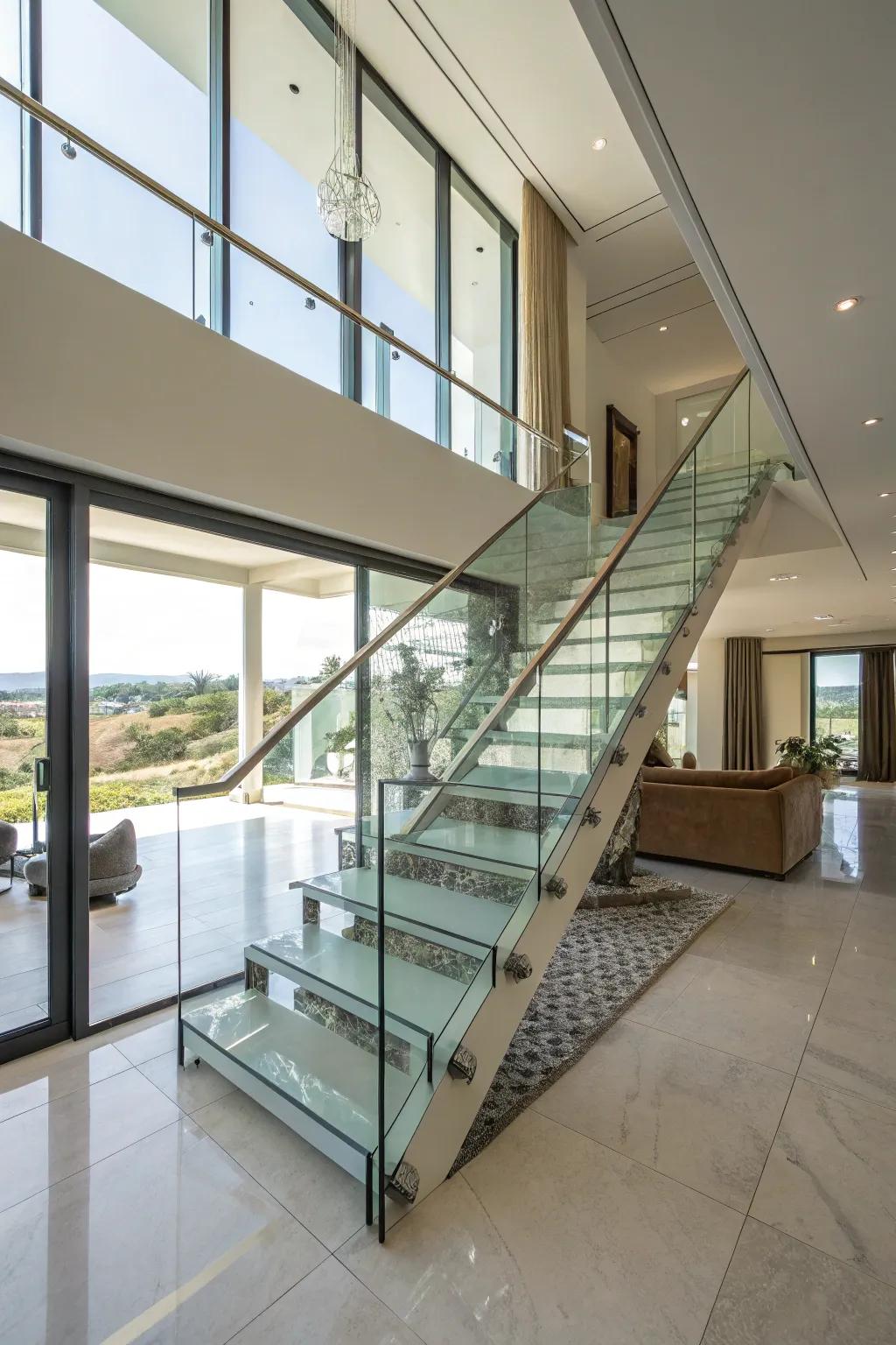 Glass sections can generate an open and airy sensation in your staircase.