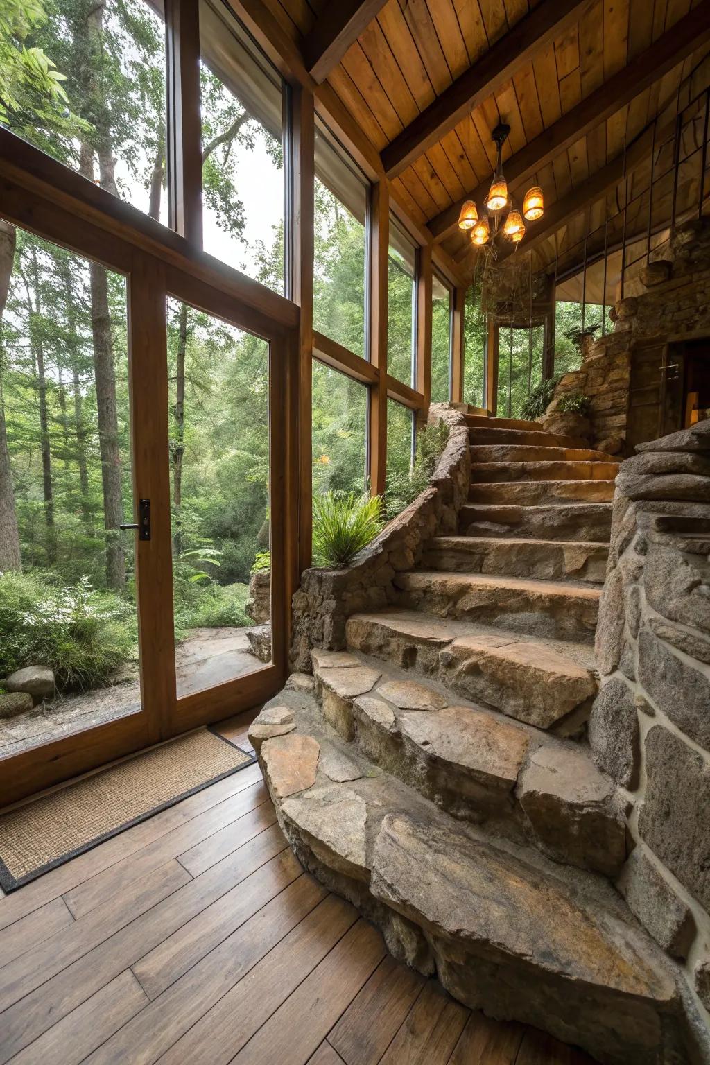 Country stone steps append texture and earthly allure to this stairwell.