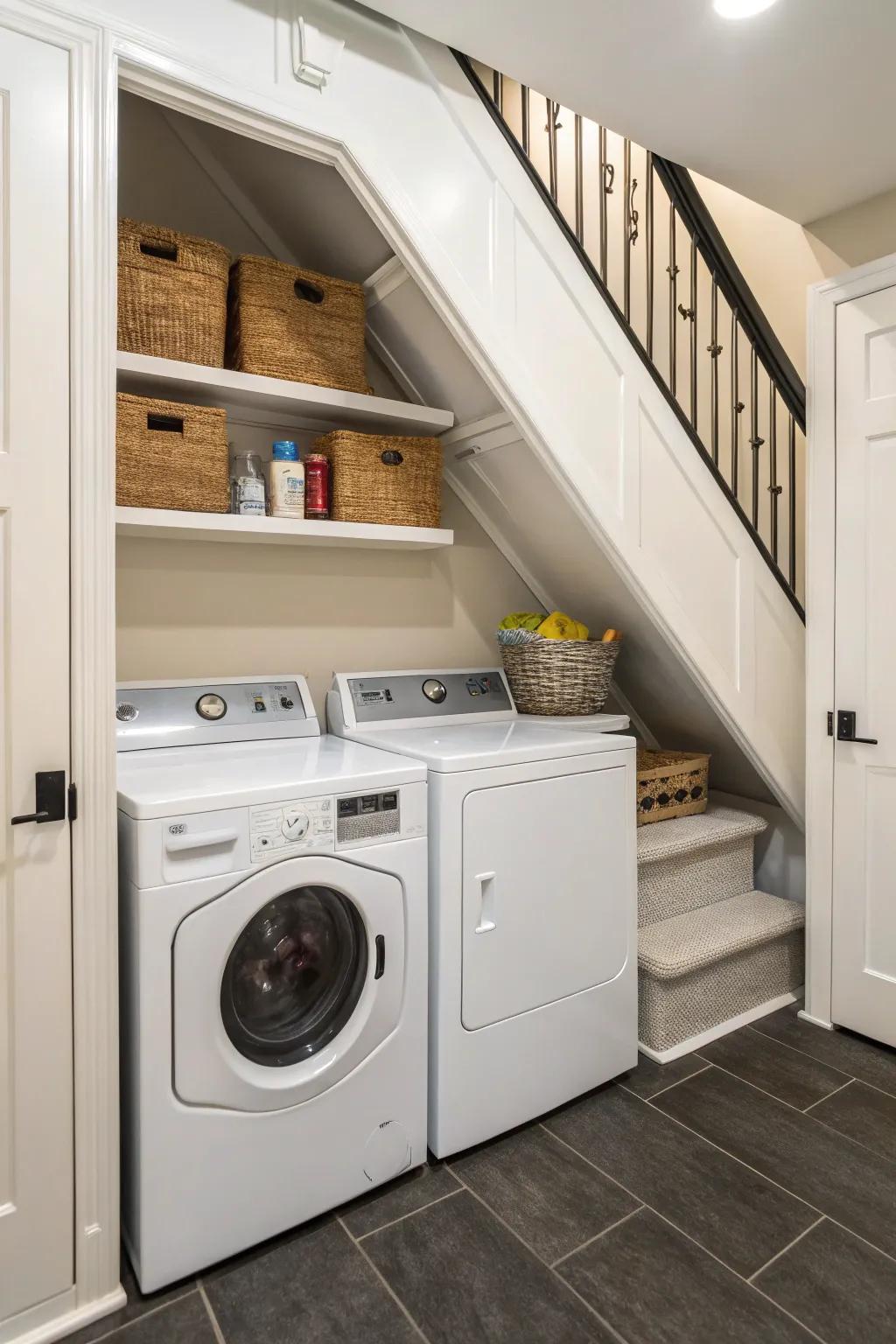 Streamline your chores through a compact laundry zone beneath the staircase.
