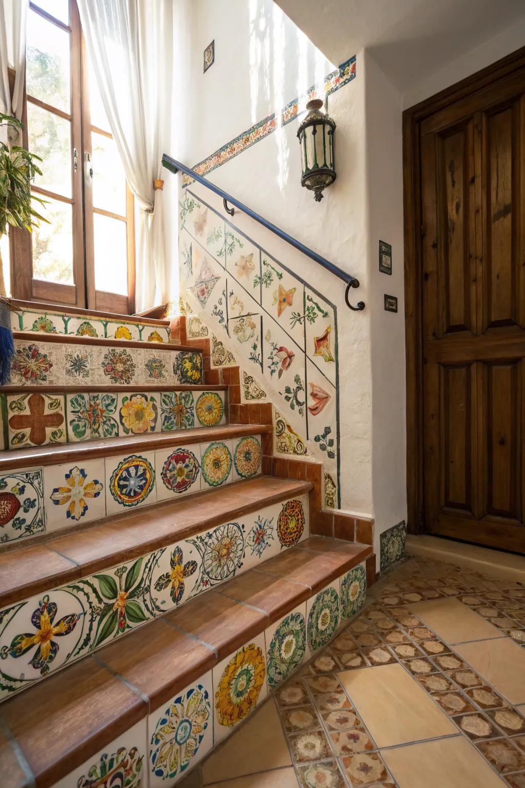 Tiles infuse staircase walls with a burst of color and a Mediterranean essence.