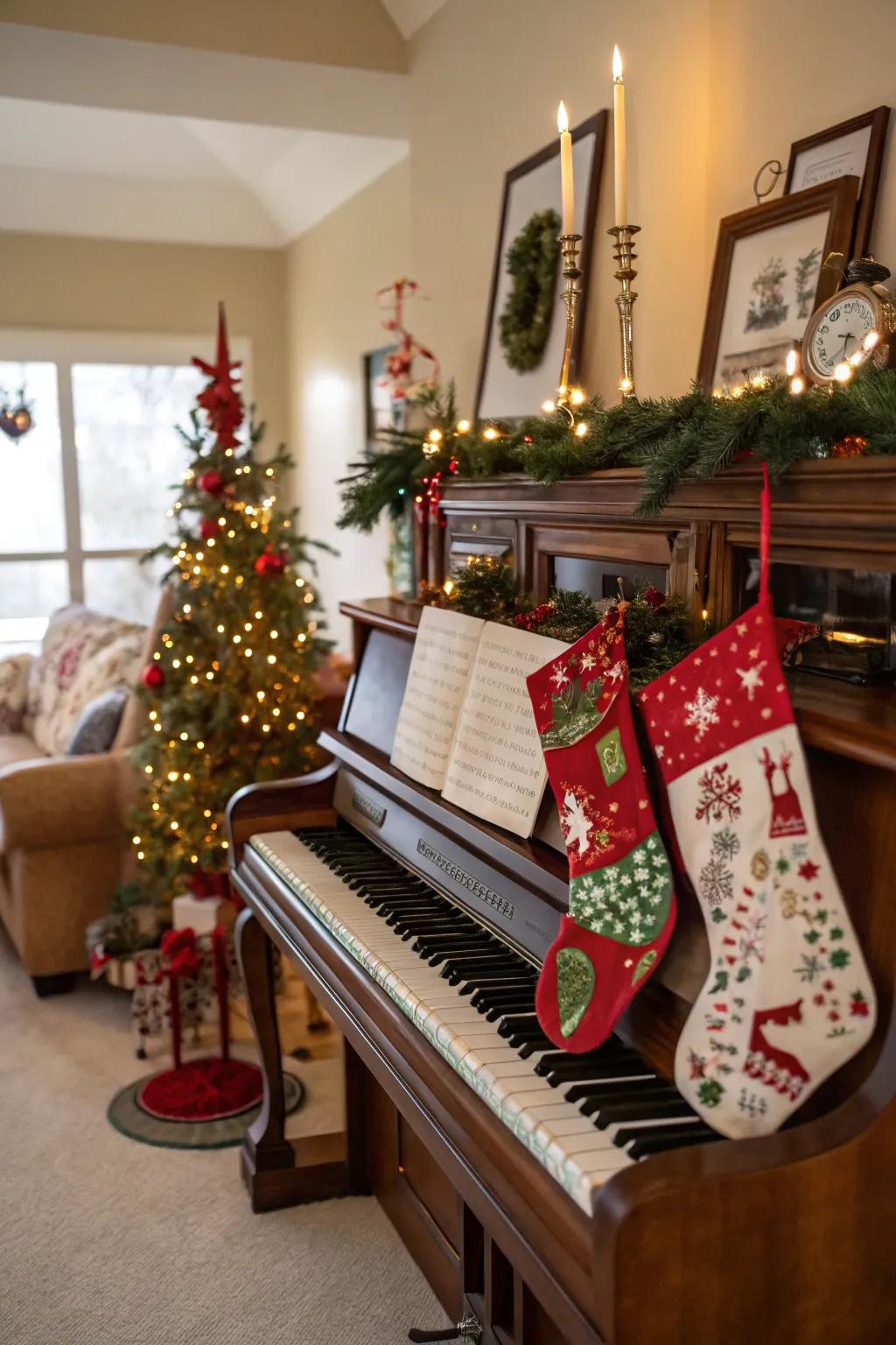 An upright fortepiano proffers a harmonious hosiery exhibition.