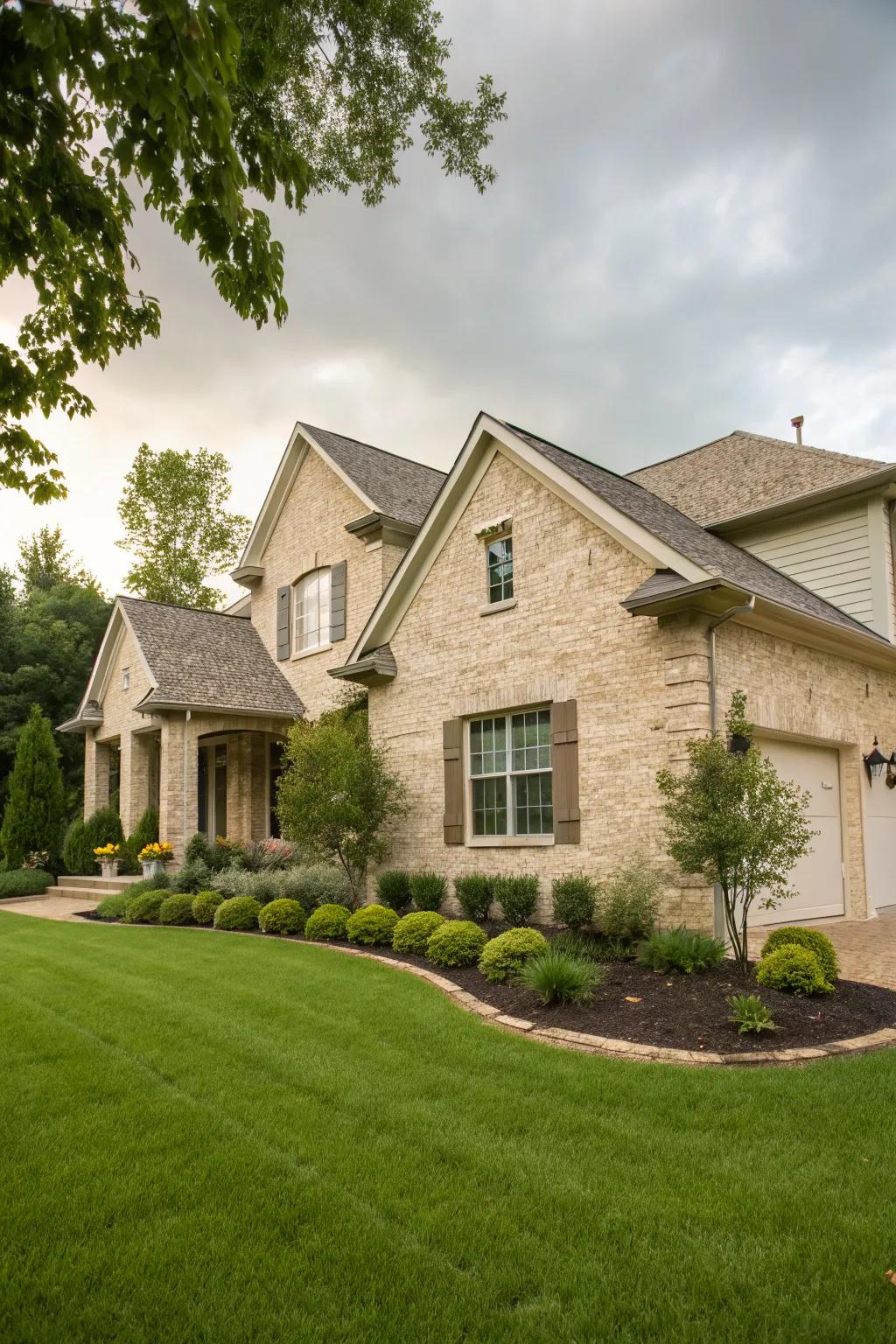 Earthy harmony with tan brick and light granite.