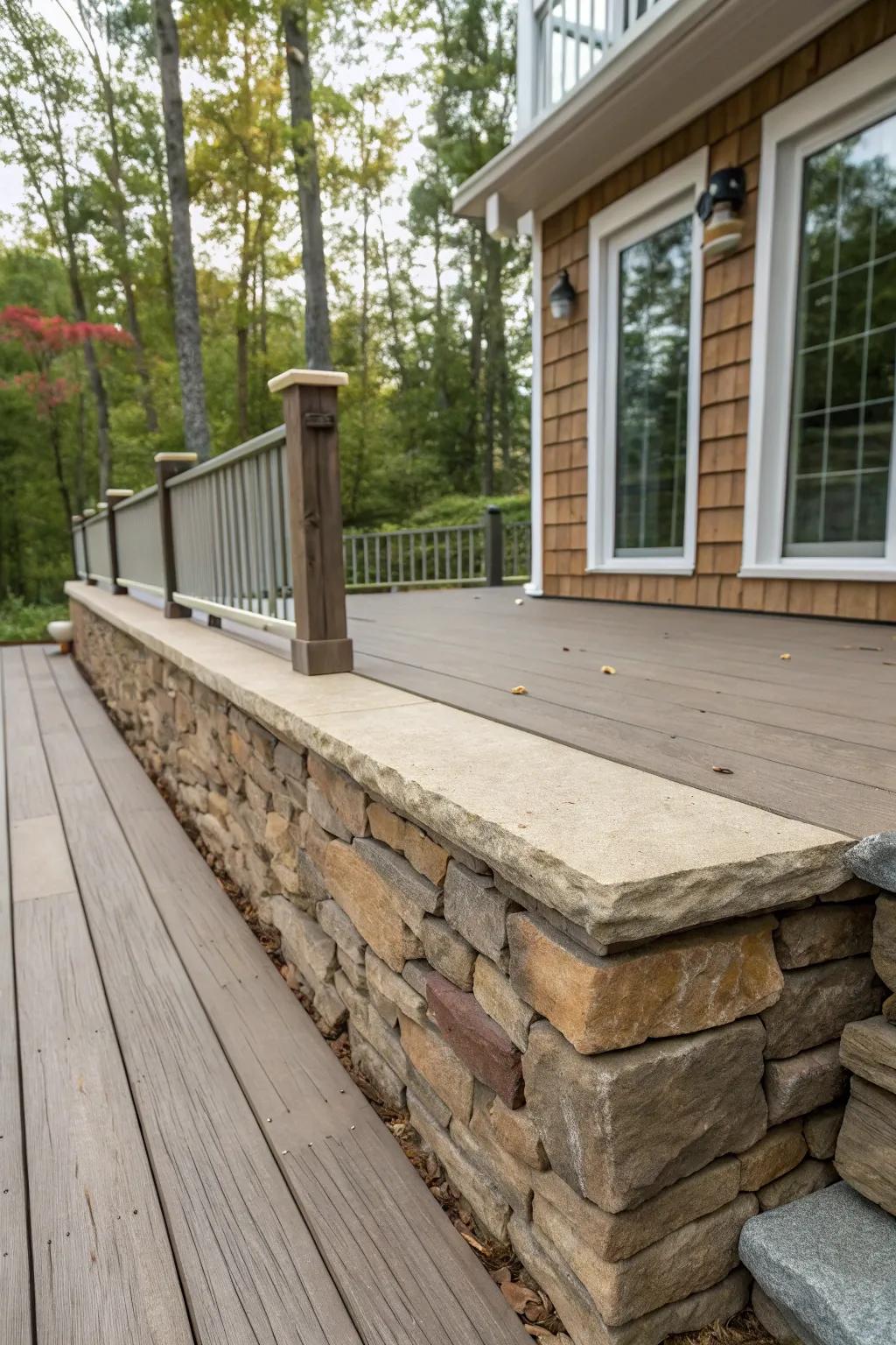 A sustainable deck featuring environmentally conscious rock skirting, ideal for green living.