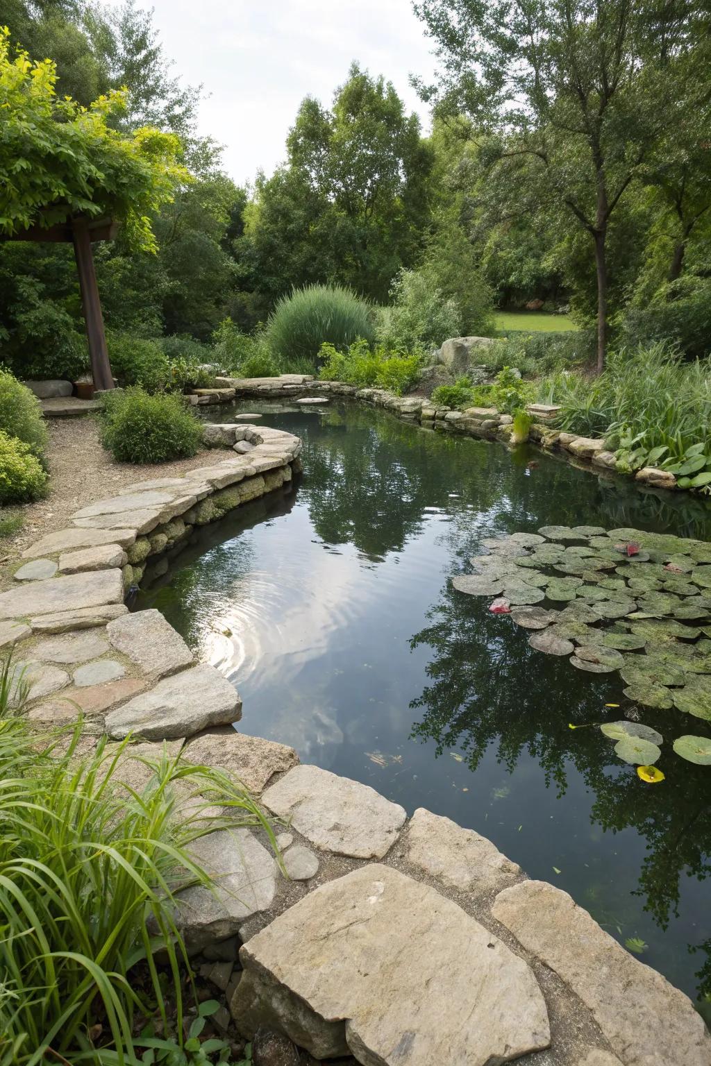 All-natural stone lining creating a peaceful pond setting.