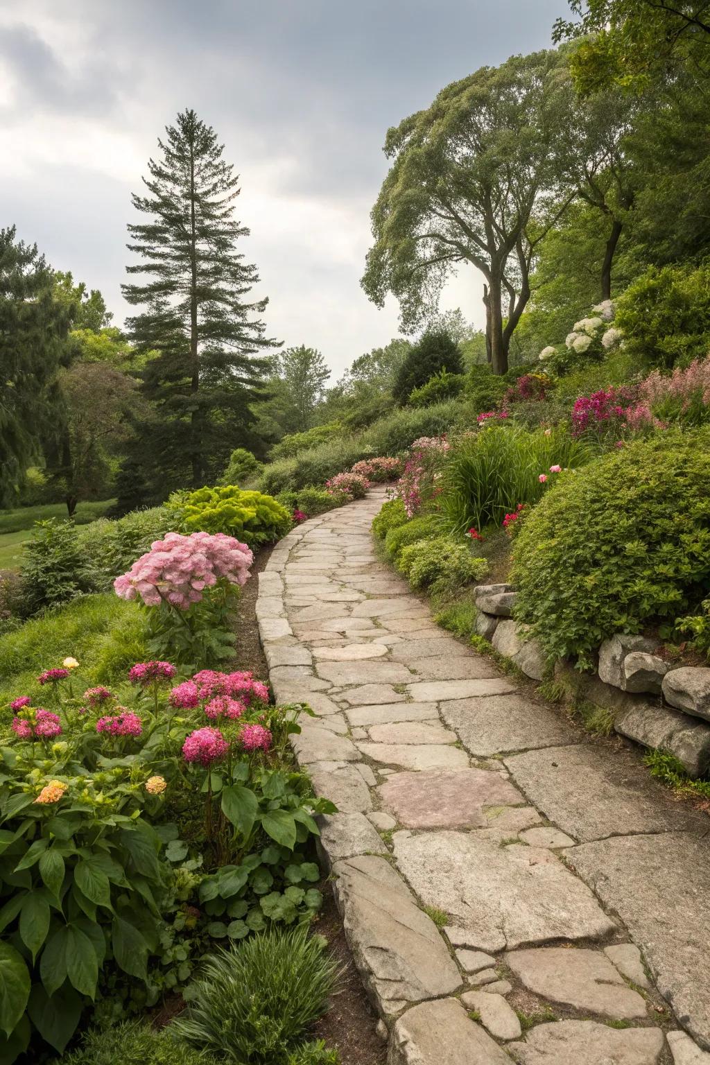 Natural stone trims elegantly structure your garden path.