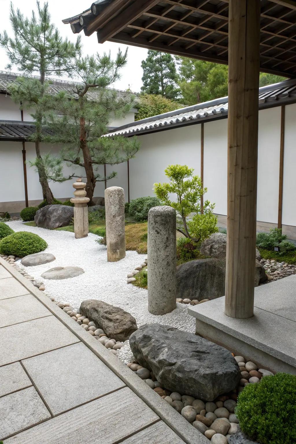Forge a serene oasis using stone supports in your Zen garden.