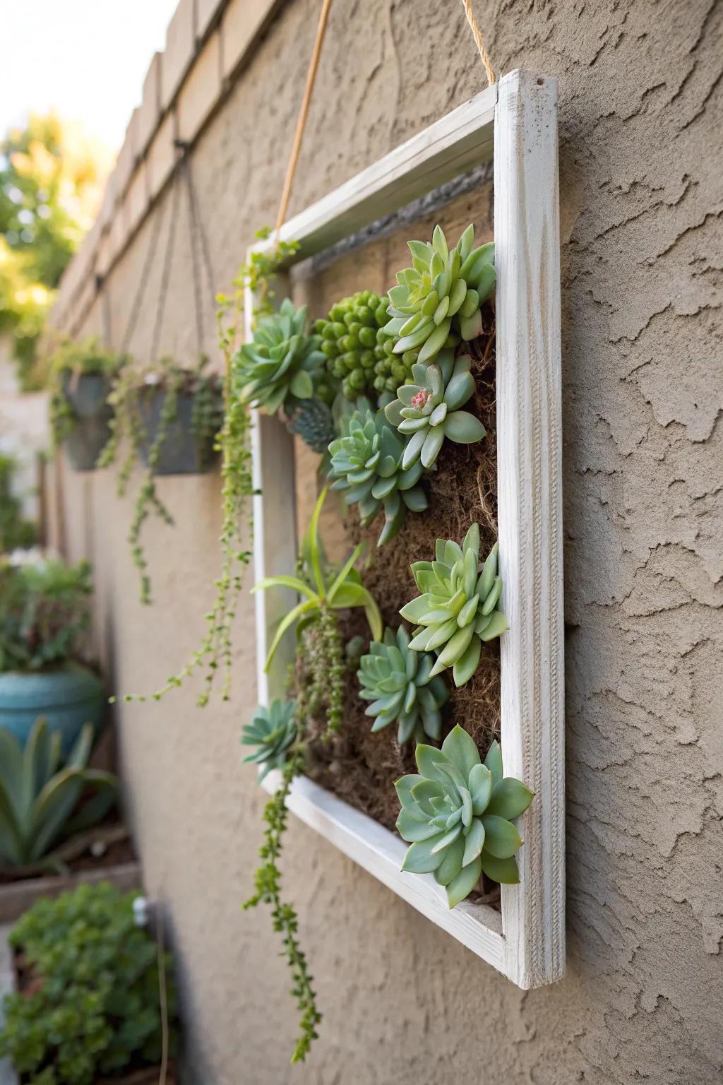 A living art piece: succulents in a gliding frame.