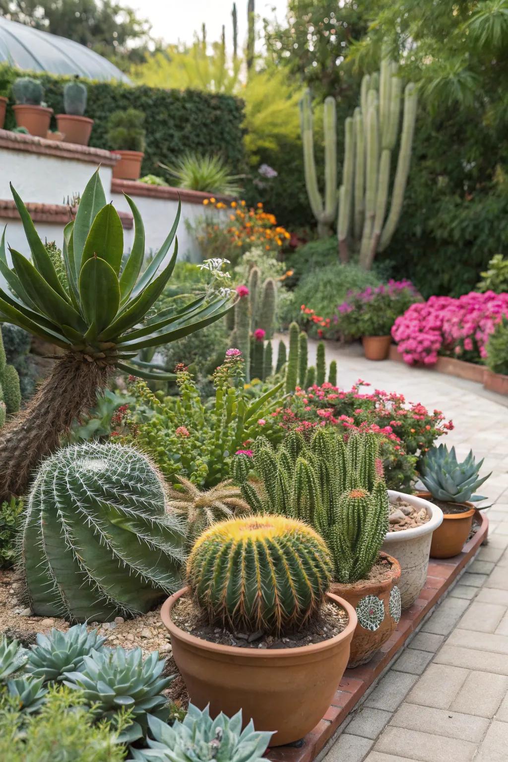 A dynamic space featuring a combination of cacti and succulents.