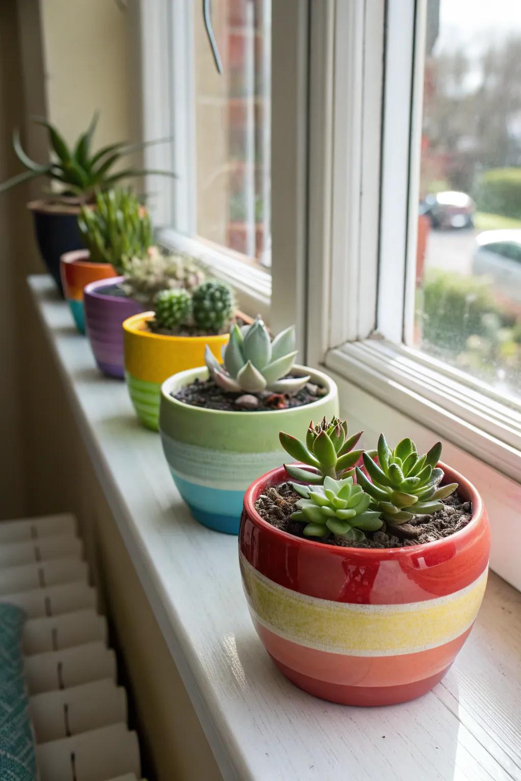 Vibrant containers highlight the variety of succulent shapes and textures.