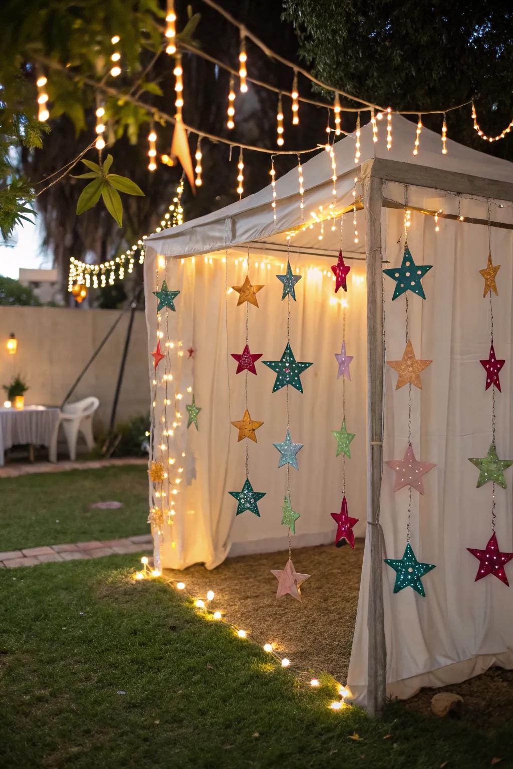 A whimsical sukkah featuring suspended star embellishments that twinkle.
