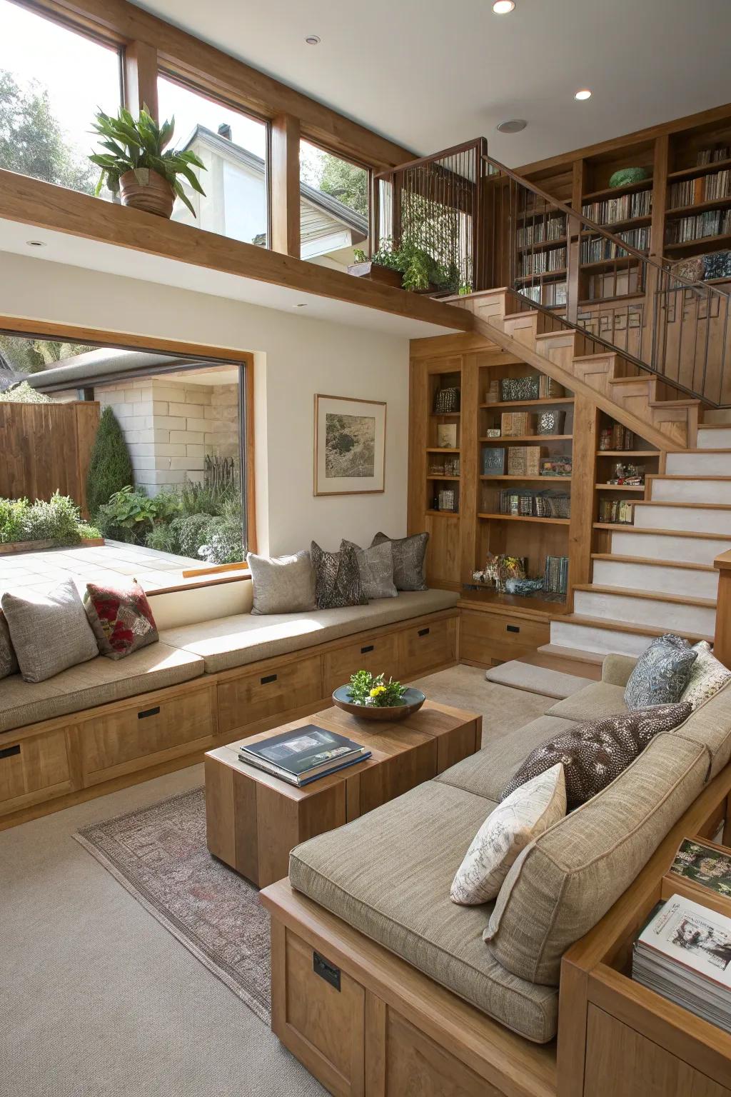 A sunken living room with built-in seating and storage.