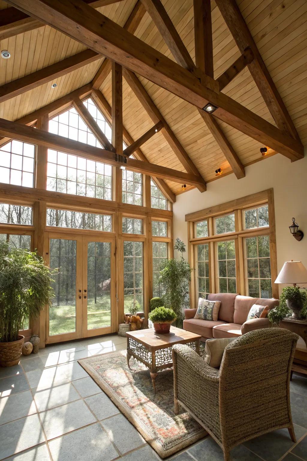 Exposed rafters enrich this sunroom ceiling.