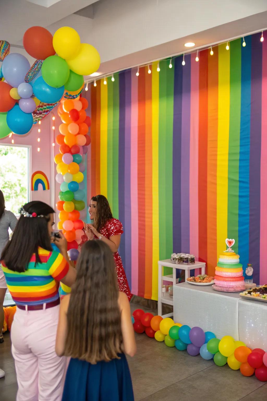 A multicolor-themed backdrop bringing a joy-filled setting to the celebration.