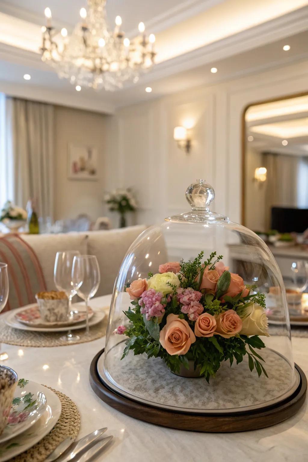 A floral arrangement underneath a crystal arch for a hint of class.
