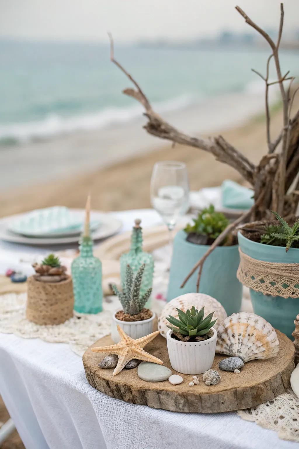 Coastal themed décor brings a coastal feeling to the dinner table.